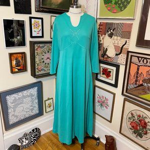 70s Vintage Montgomery Ward Blue Green Long Sleeve Maxi Dress with Rhinestones